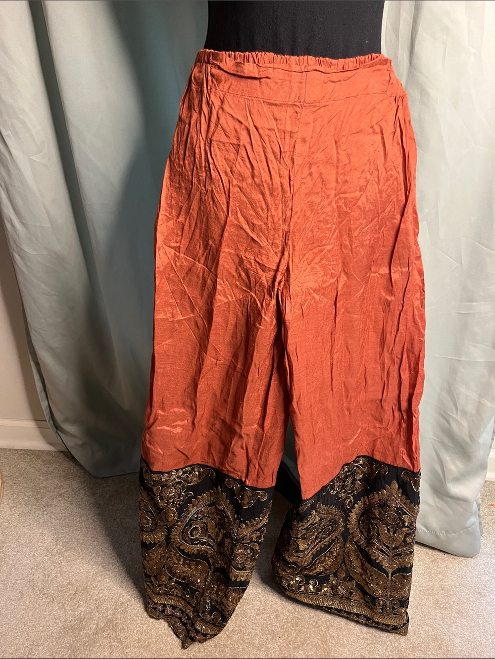 Wide Leg Boho style pants in rust color with ornate sequin detailing